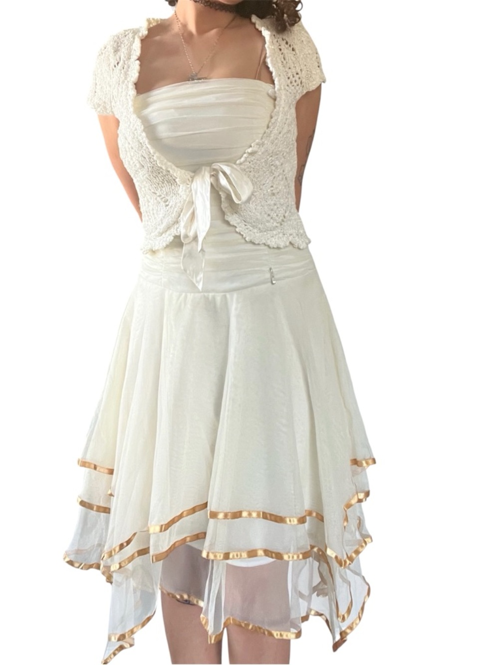 Ivory A-Line Handkerchief Hem Skirt with Gold Trim